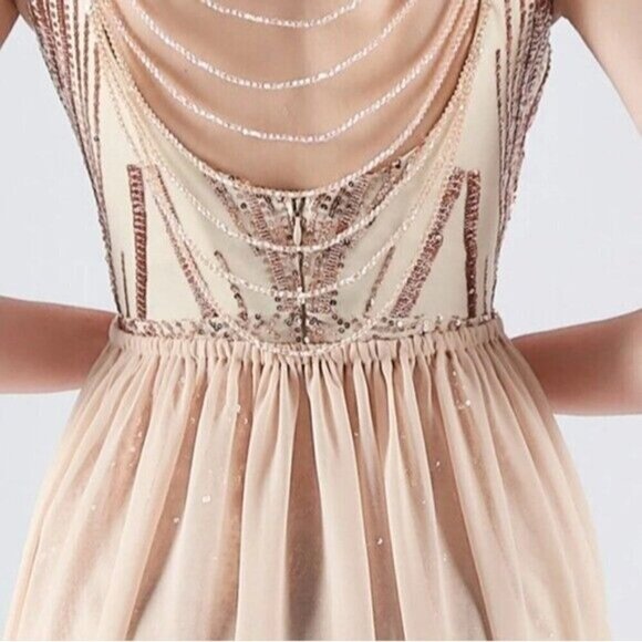 Gold, Double V, Beaded Back, Draped Skirt, Contrast Sequined Mermaid Gown - Picture 14 of 16